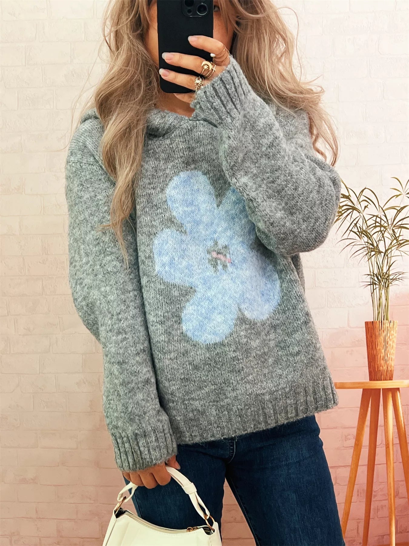 Flower Long Sleeve Hooded Sweater 