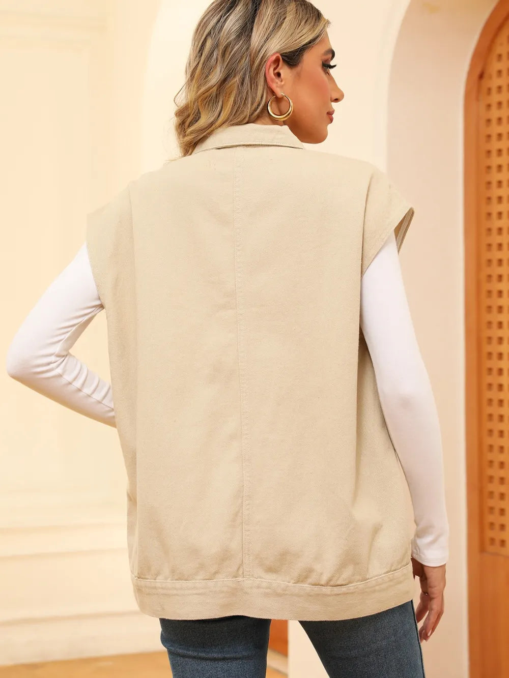 Pocketed Button Up Sleeveless Denim Jacket 