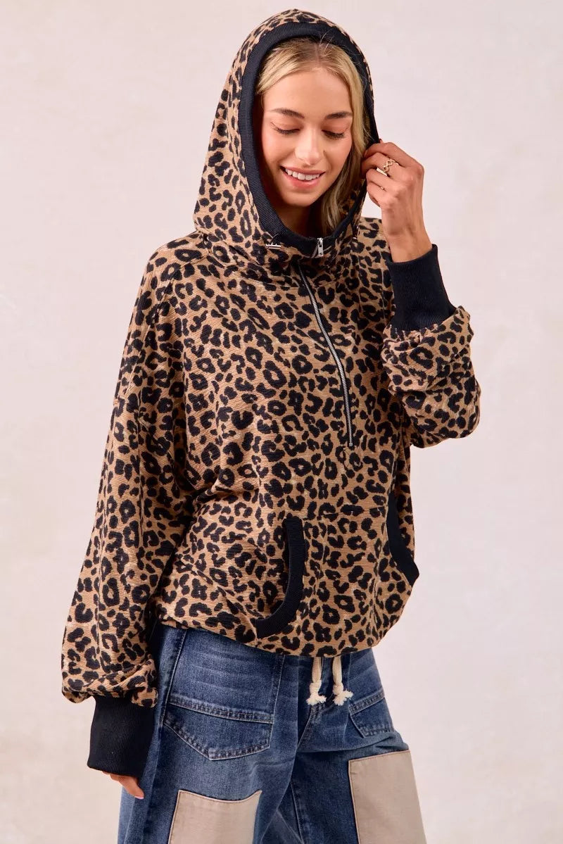 BiBi Leopard Print Waffle Half Zip Up Hoodie W Pocket 