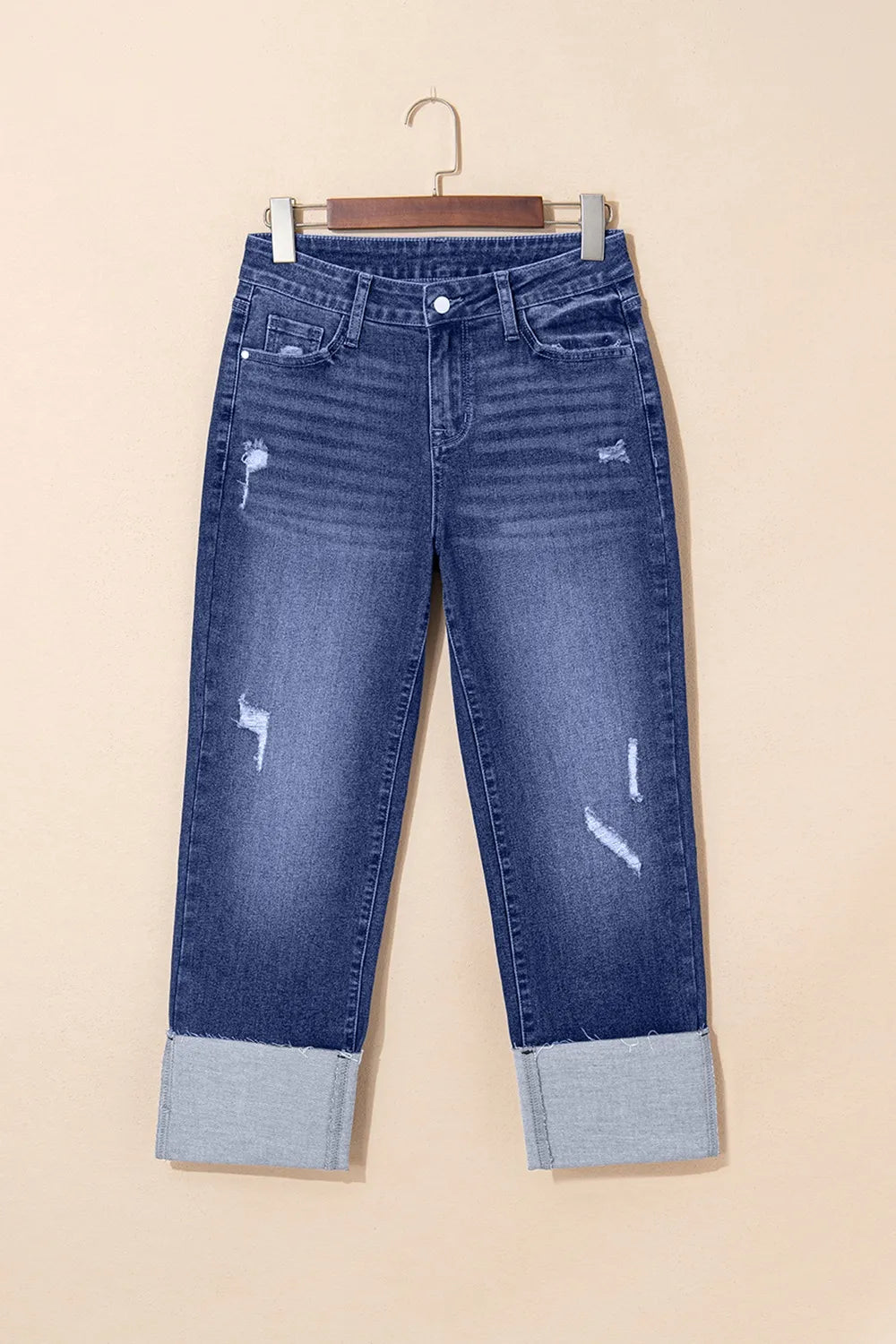 Folded Cuffs Distressed Straight High Waist Jeans 