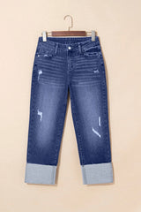 Folded Cuffs Distressed Straight High Waist Jeans 