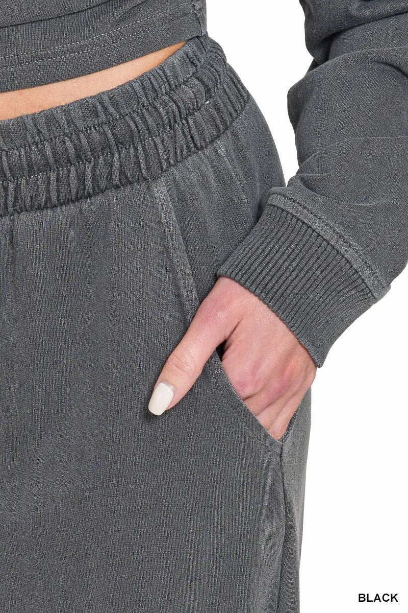 Zenana Washed F/terry Round Neck Pullover & Pants Set 