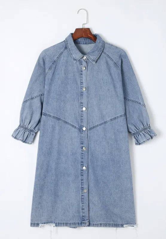 Distressed Collared Neck Flounce Sleeve Denim Dress 