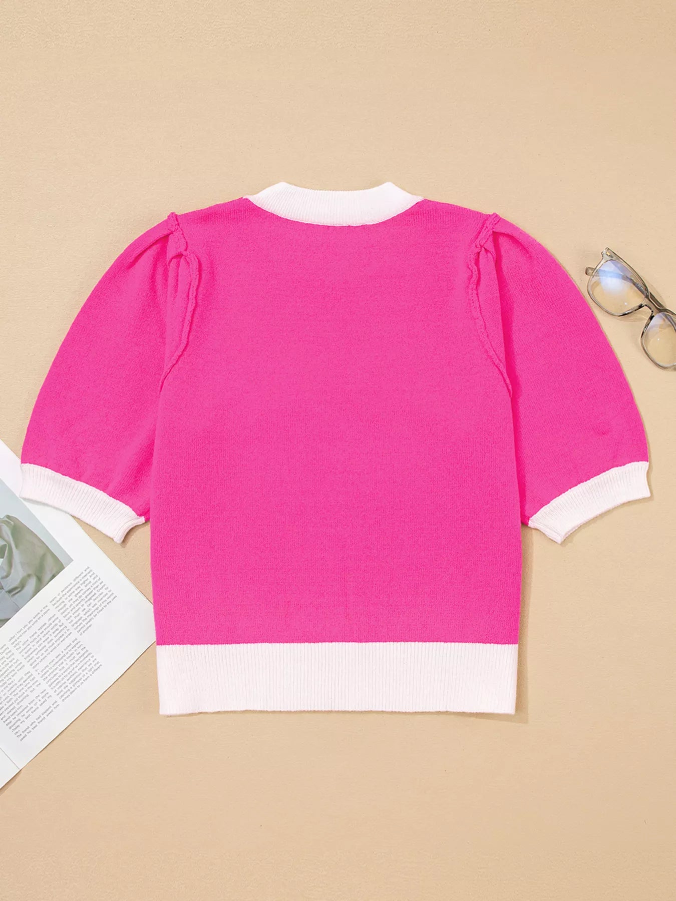 XOXO Valentines Contrast Trim Crew Neck Short Sleeve Sweater 