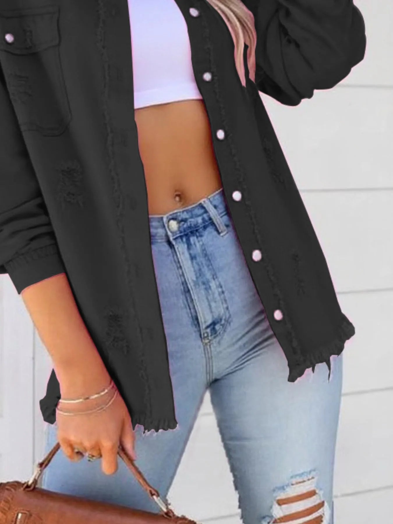 Distressed Denim Jacket with Frayed Edges 