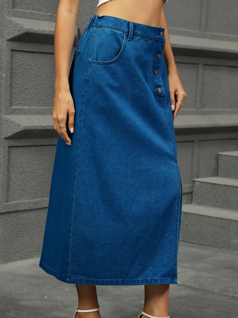 Slit Button Detail Denim Midi Skirt 
