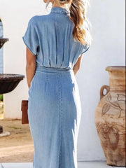 Collared Neck Tie Waist Short Sleeve Denim Dress 