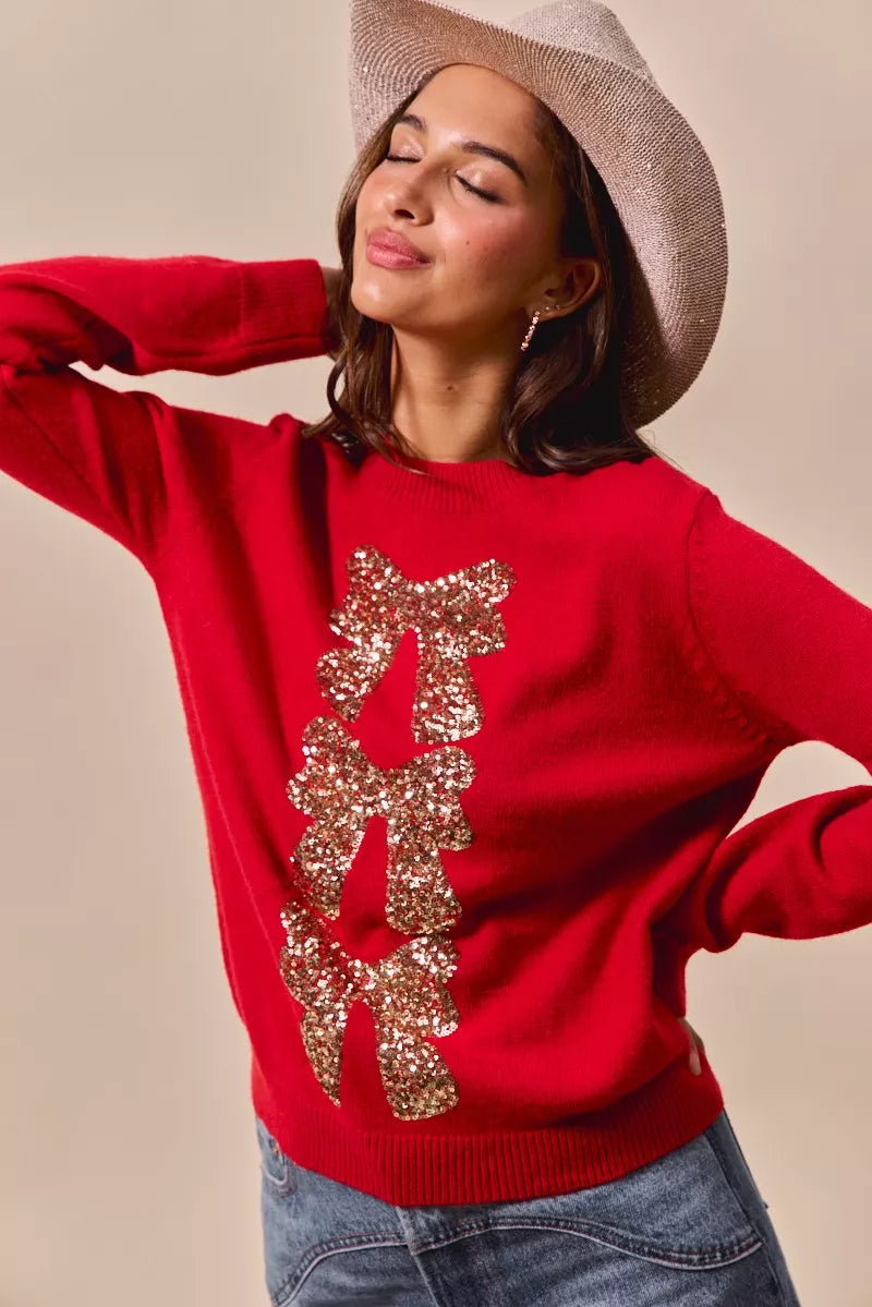 SO ME Sequins Bow Ribbon Embellished Christmas Sweater 