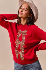 SO ME Sequins Bow Ribbon Embellished Christmas Sweater 