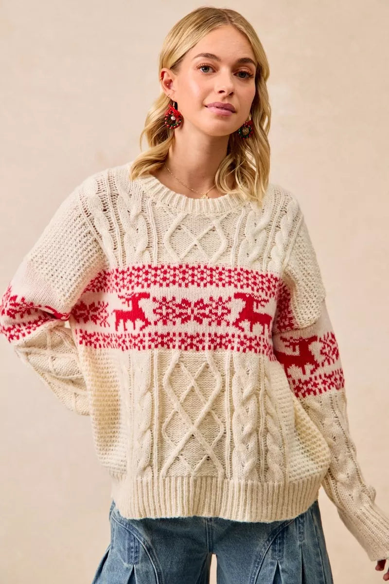 BiBi Christmas Theme Patterned Cable Knit Sweater 