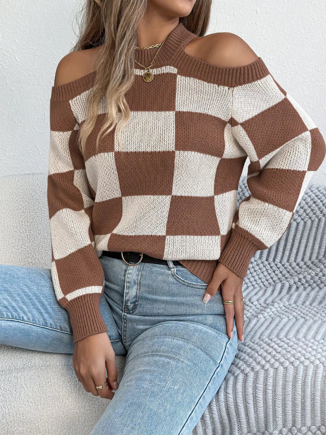 Cold Shoulder Checkered Long Sleeve Sweater 
