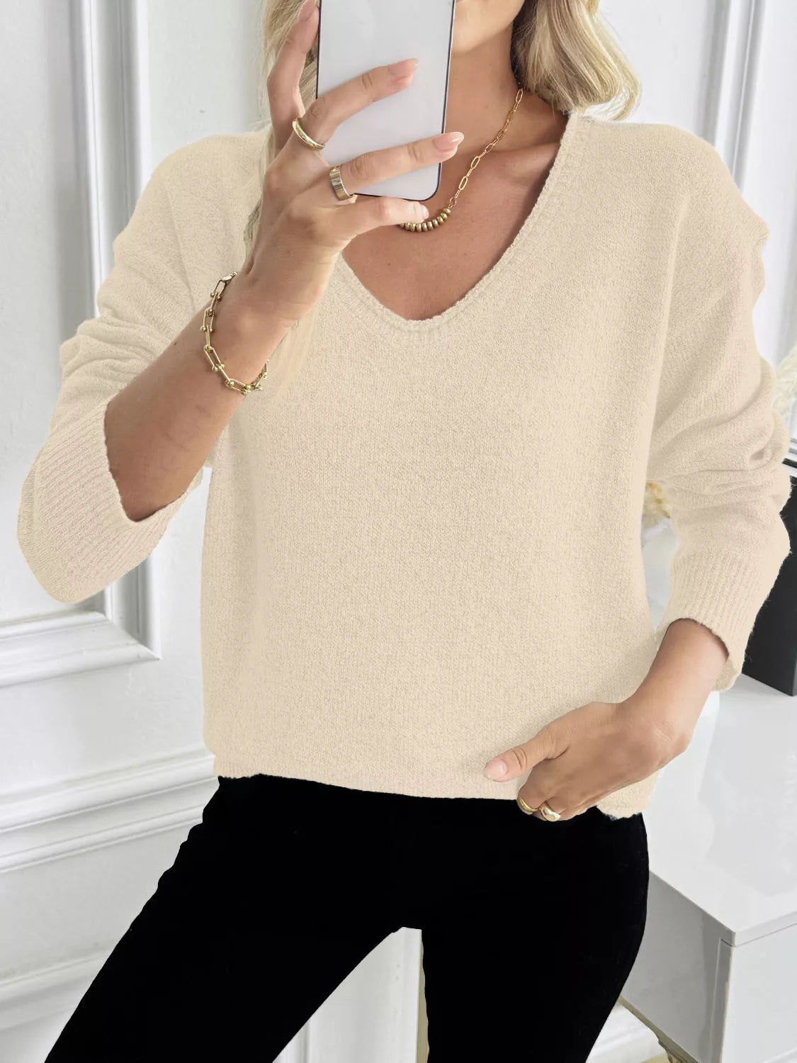 Casual V-Neck Drop Shoulder Sweater 