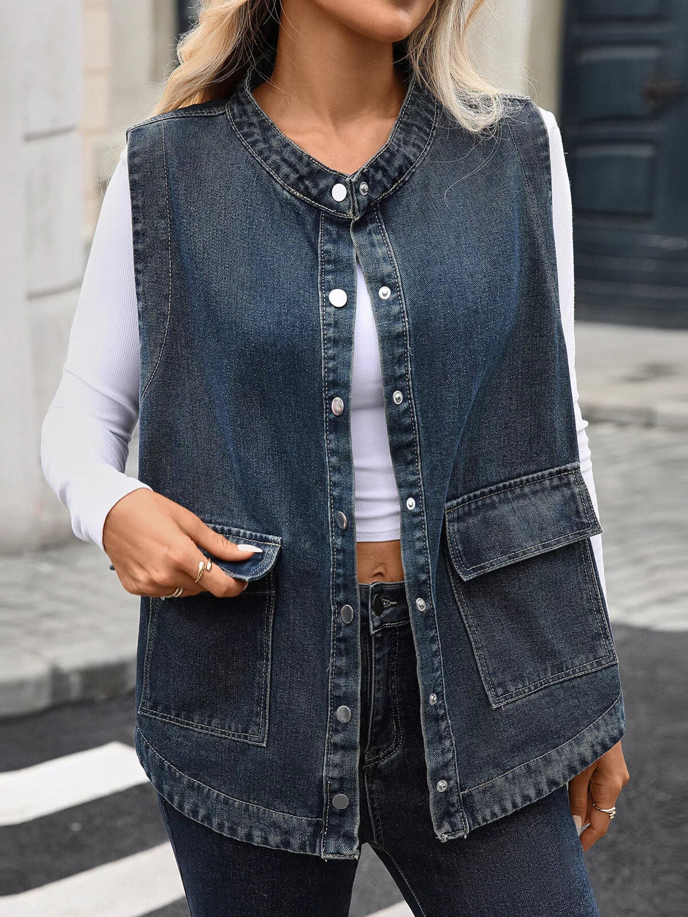 Snap Down Sleeveless Denim Jacket 