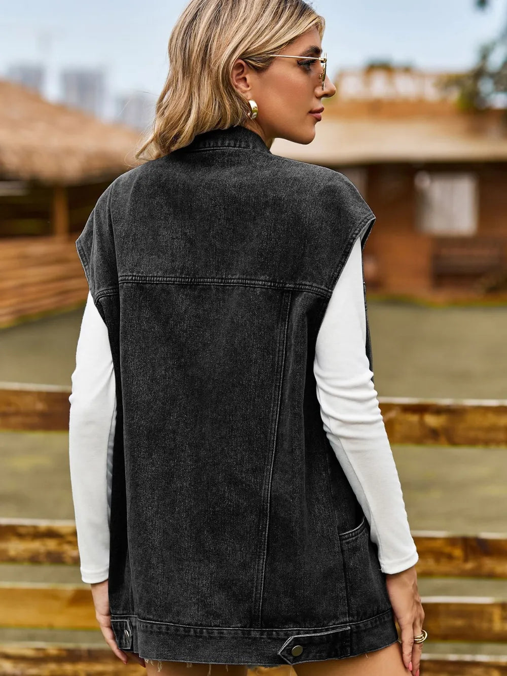 Button Up Collared Neck Sleeveless Denim Jacket 