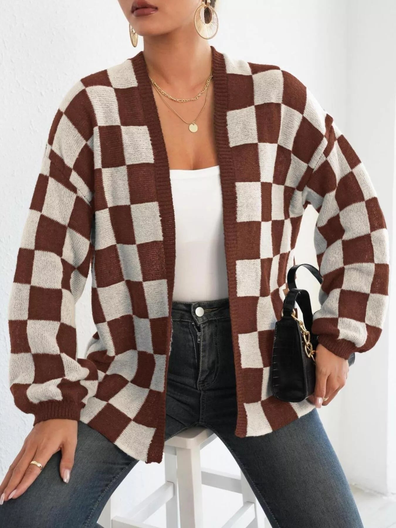 Checkerboard Pattern Open Front Knit Cardigan 
