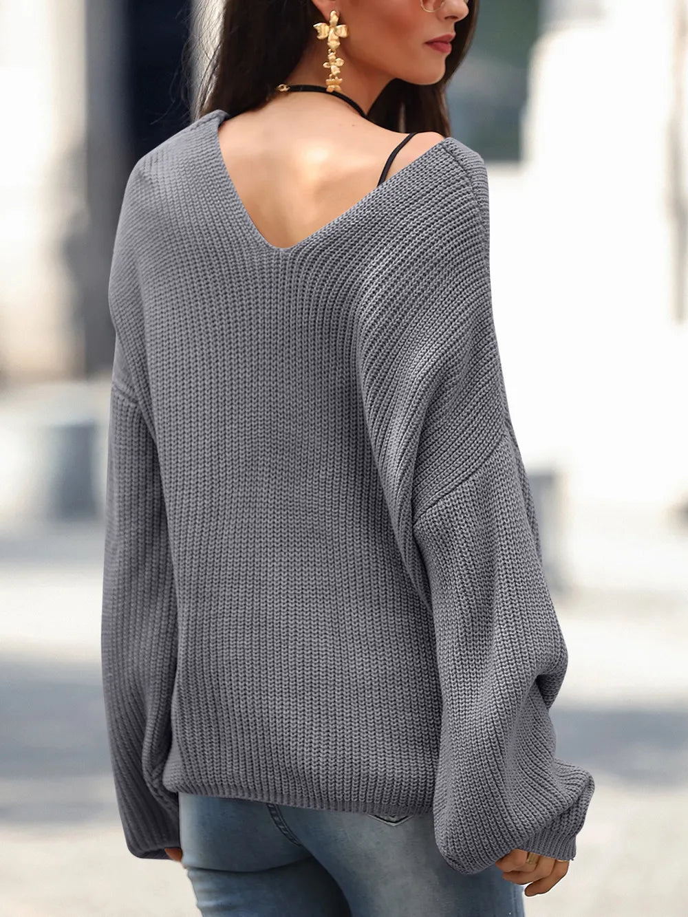 Full Size Lace Up V-Neck Long Sleeve Sweater 