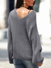 Full Size Lace Up V-Neck Long Sleeve Sweater 