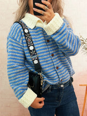 Striped Knit Button Down Cardigan with Collar 