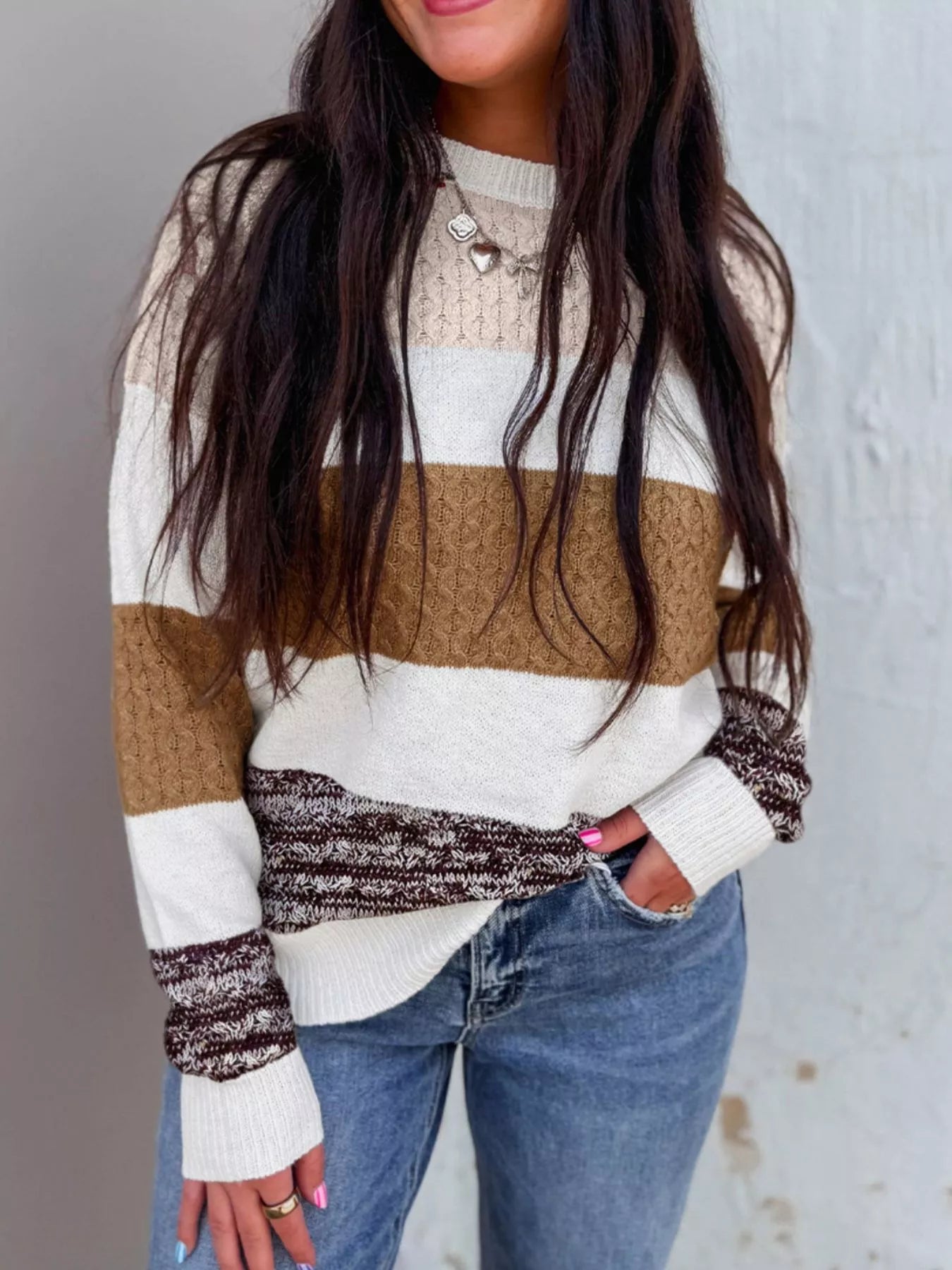 Mixed Texture Knit Striped Color Block Loose Sweater 