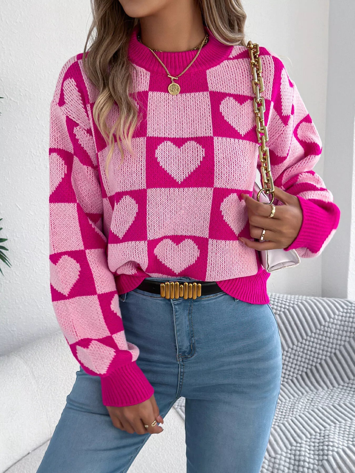 Heart Checkerboard Pattern Round Neck Sweater 