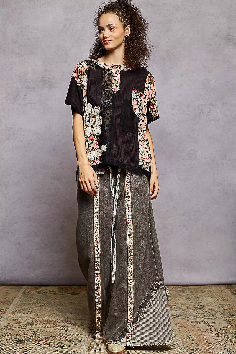 POL Lace Round Neck Short Sleeve Floral Pattern Top with Patch Detail 