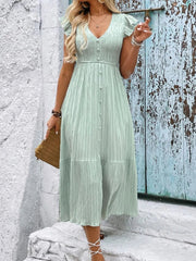 V-Neck Ruffled Cap Sleeve Dress 