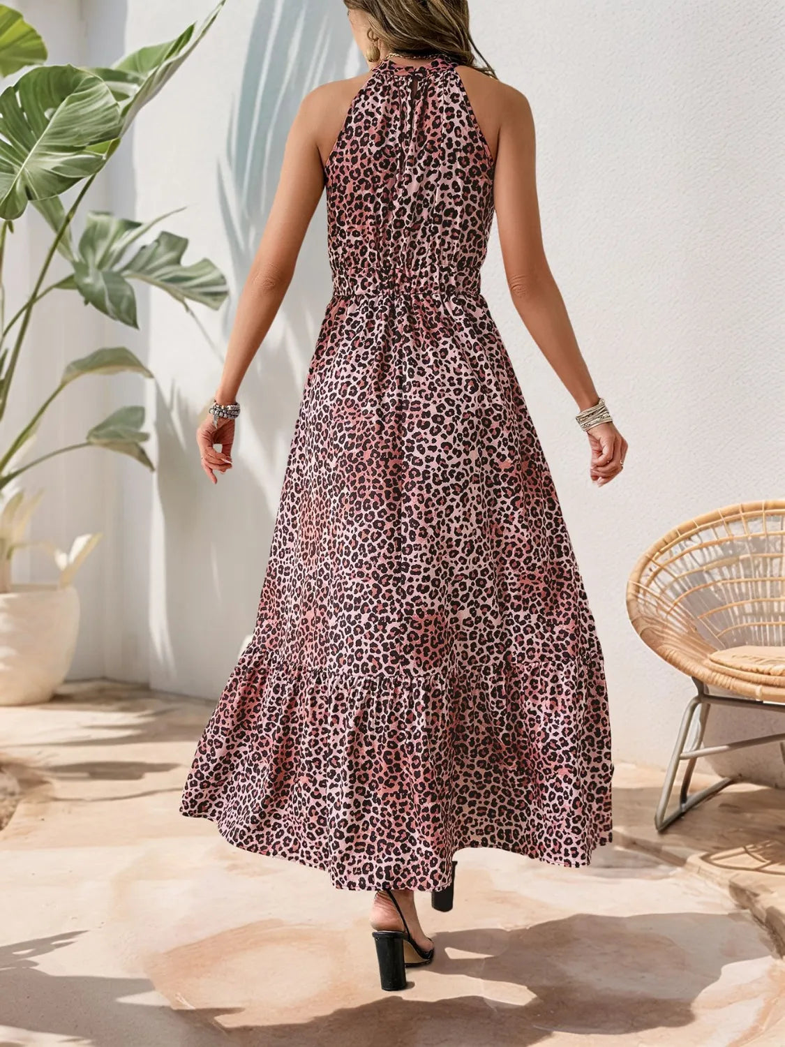 Butterfly Leopard Grecian Neck Maxi Dress 