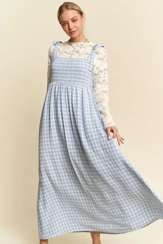 Davi & Dani Plaid Smocking Sleeveless Maxi Dress 