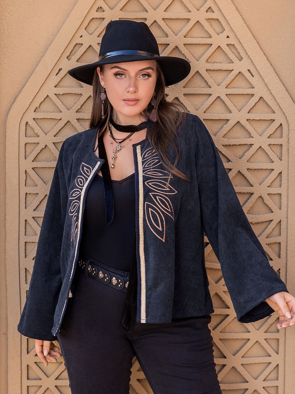 Plus Size Embroidered Open Front Jacket 