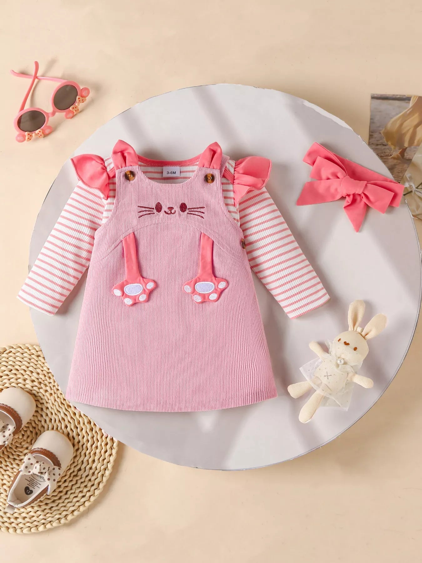 Children's Ruffled Trim Bodysuit and Dress Set with Headband 