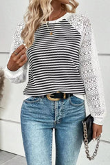 Striped Lace Raglan Sleeve Blouse 