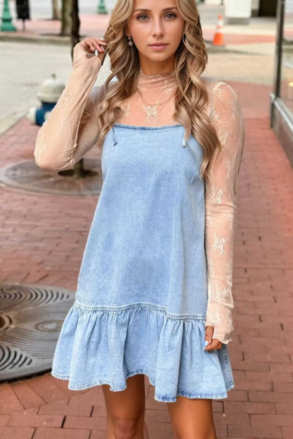 Bow Detail Spaghetti Straps Ruffle Hem Denim Dress 