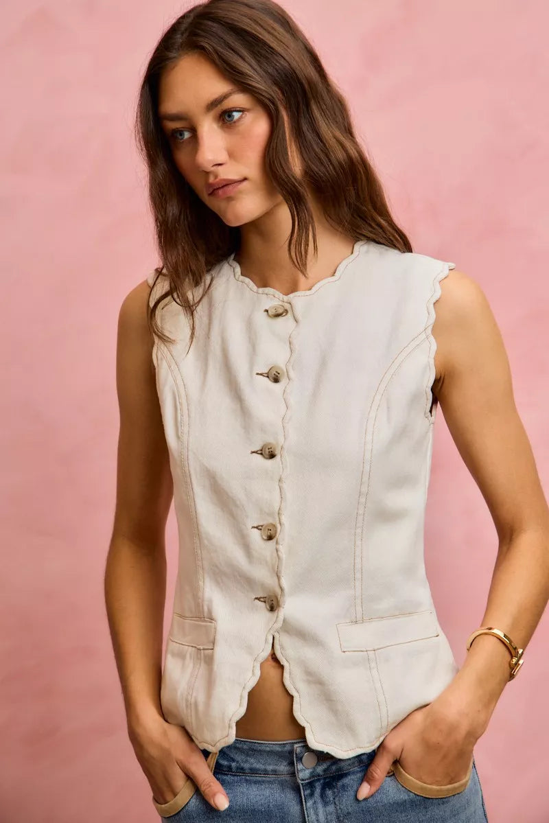 SO ME Scalloped Edge Cotton Twill Washed Vest Top 