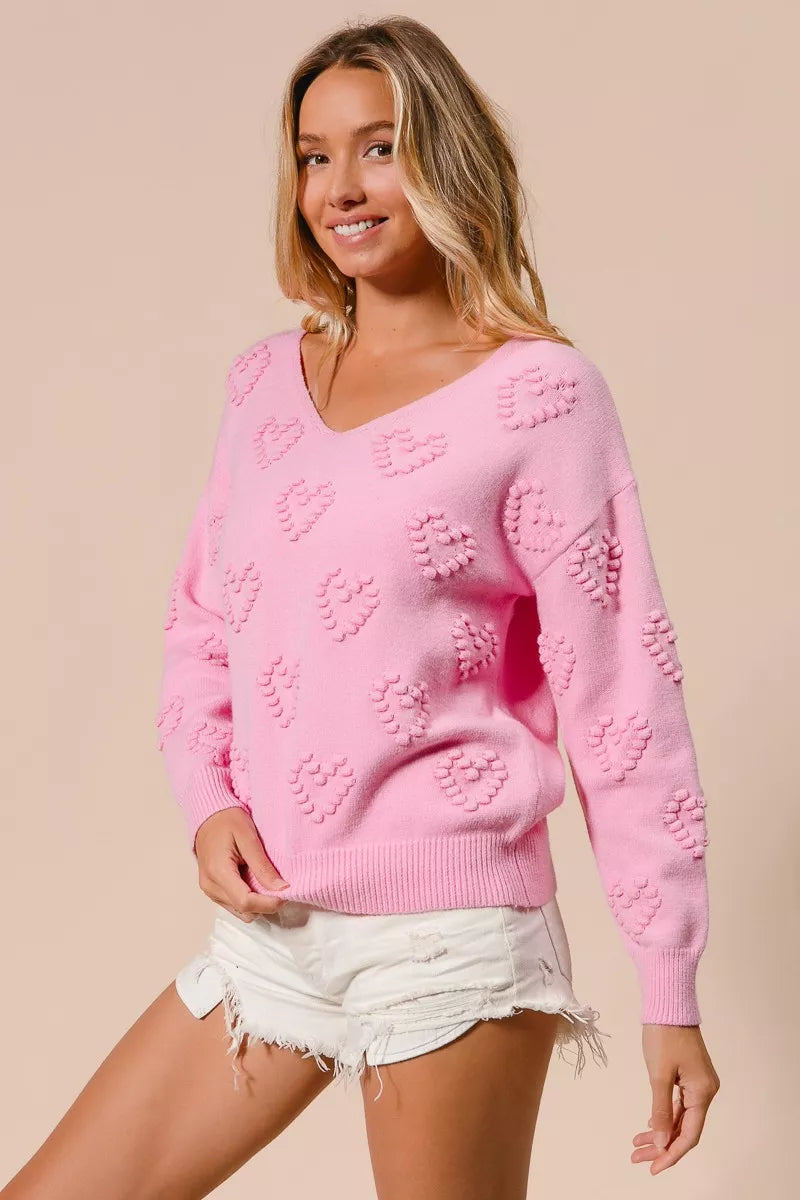 BiBi Valentines Heart Pompom V Neck Knit Top 