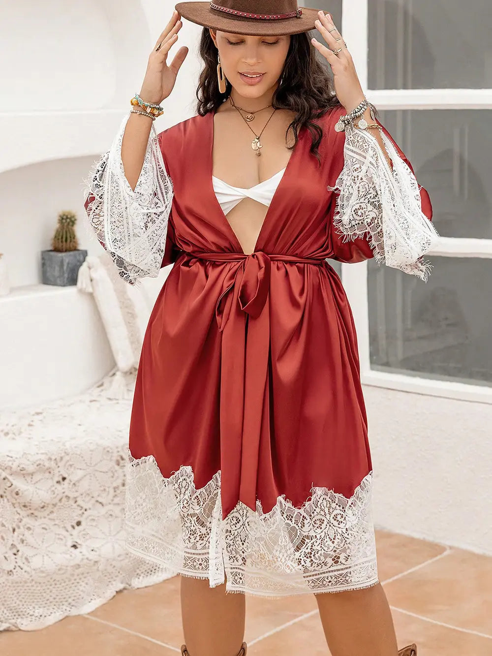 Plus Size Lace Patchwork Tie Front Robe 