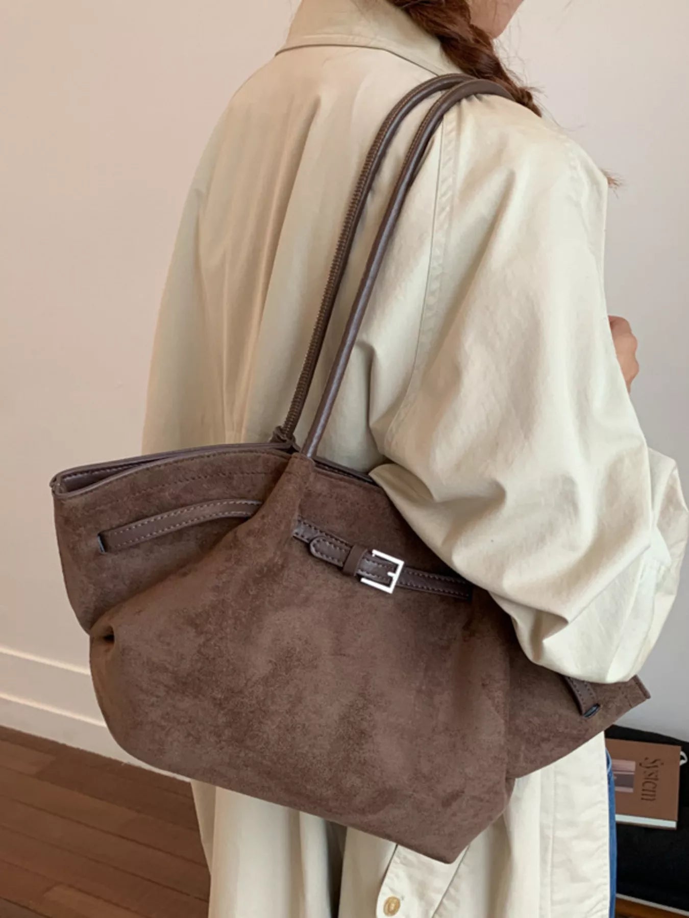 Solid Color Buckle Tote Bag 