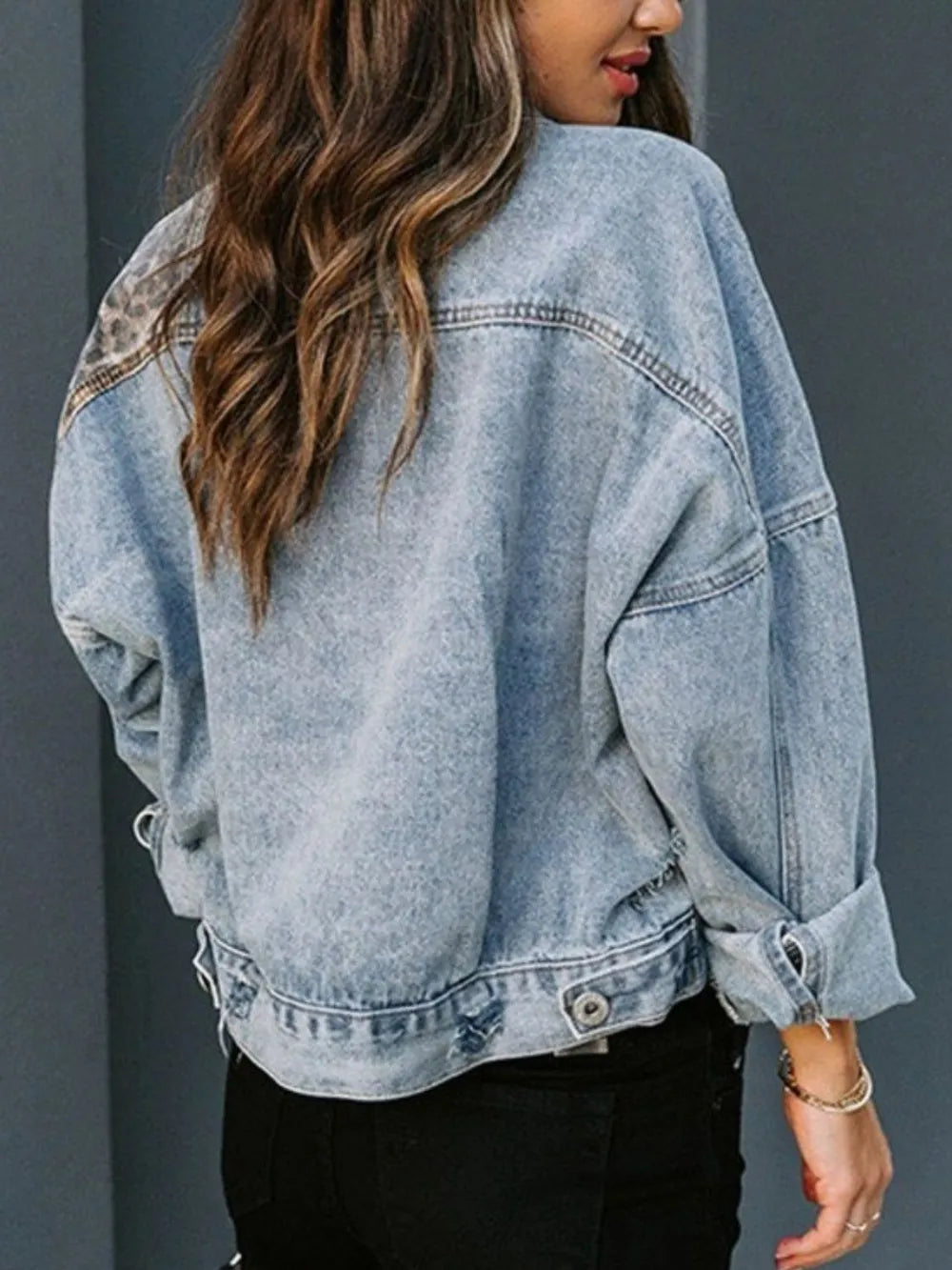 Distressed Leopard Drop Shoulder Denim Jacket 