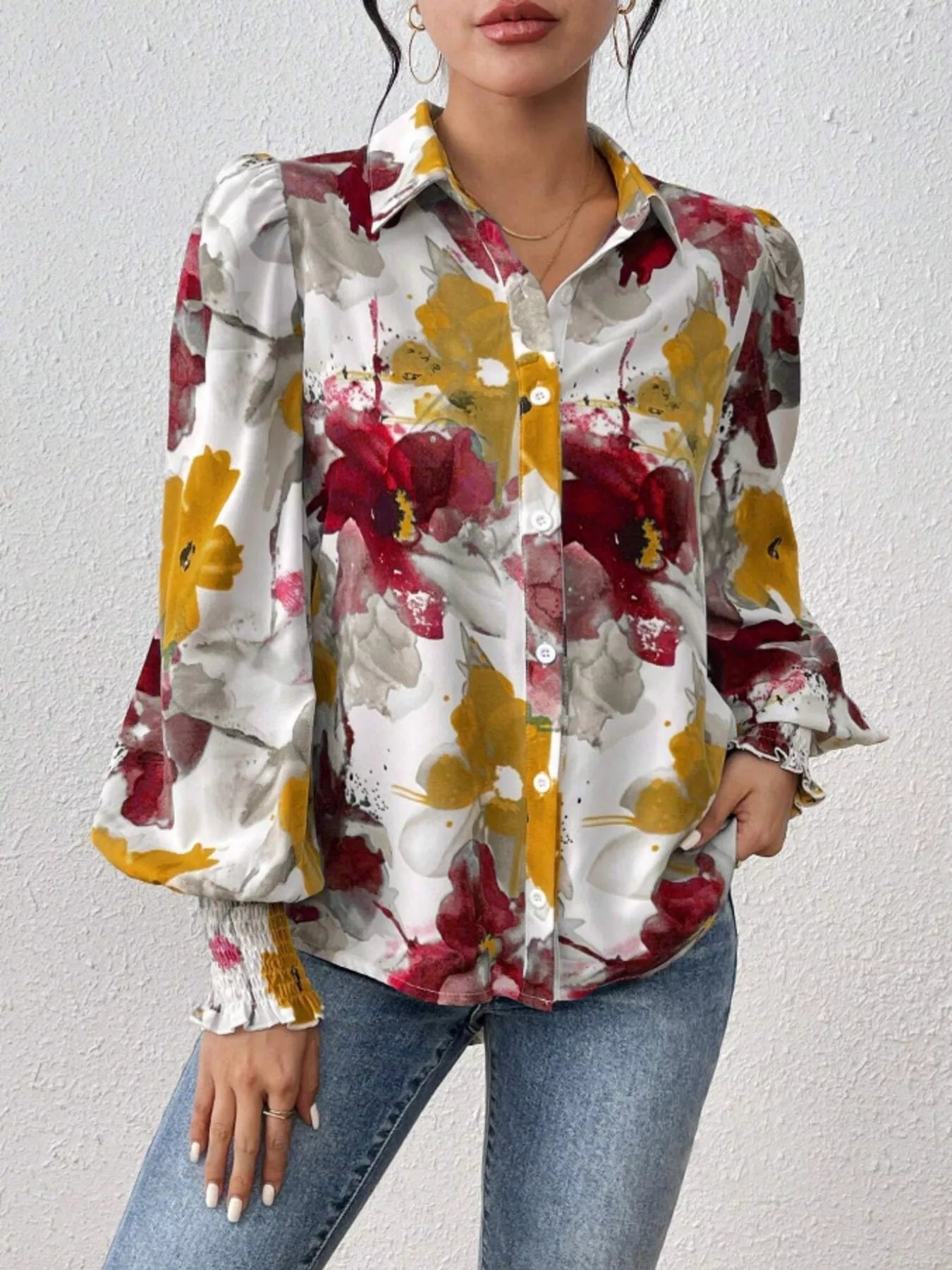 Printed Button Up Lantern Sleeve Shirt 