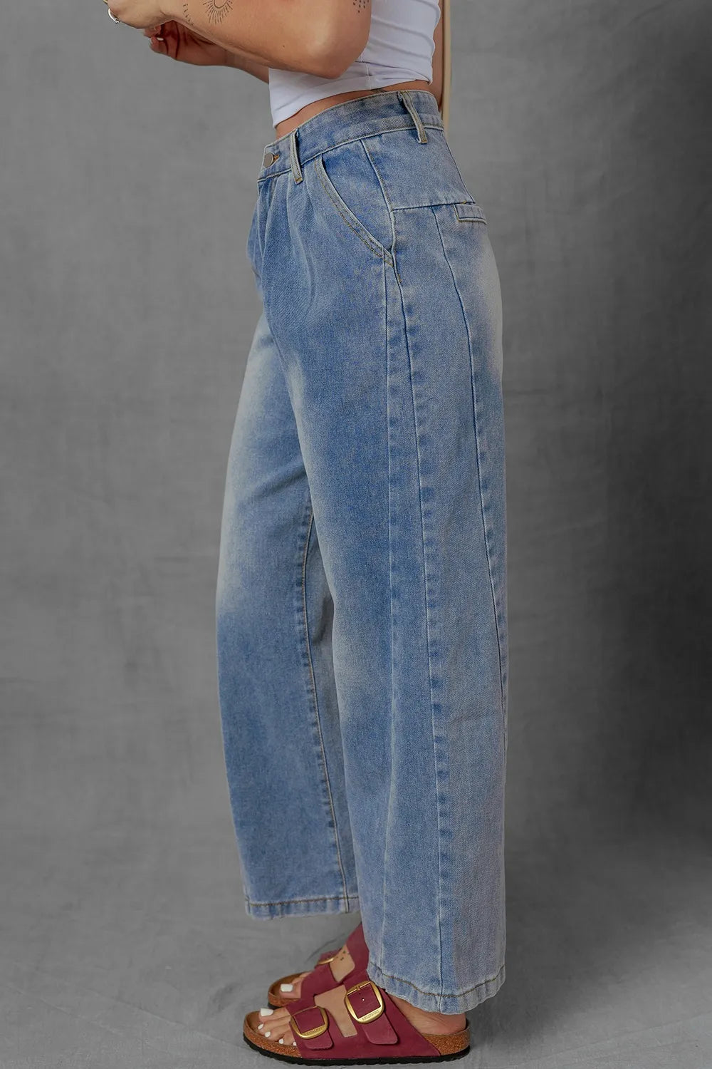 High-Waist Wide Leg Pleated Denim Jeans 