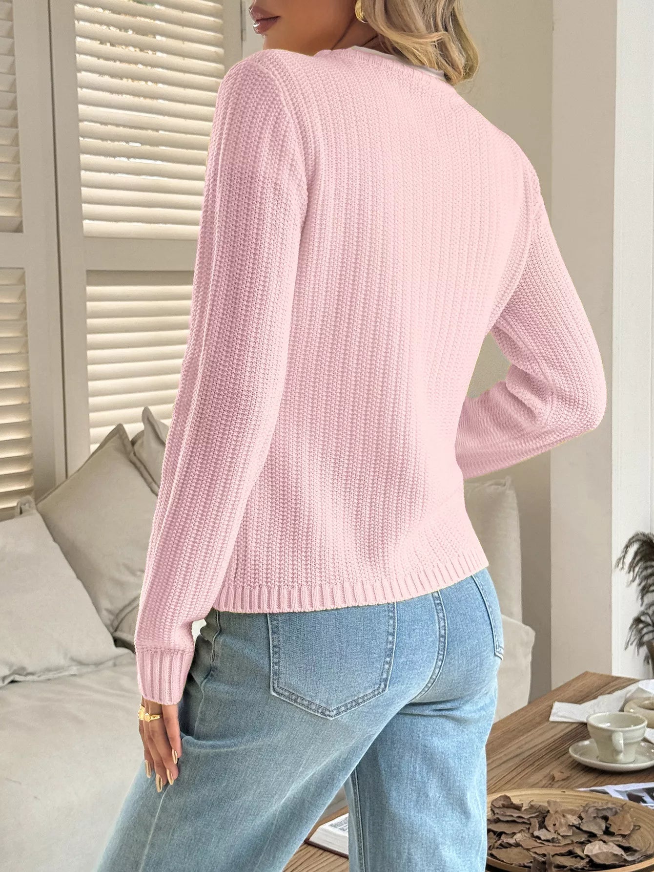 Button-Front Ribbed Long Sleeve Cardigan 