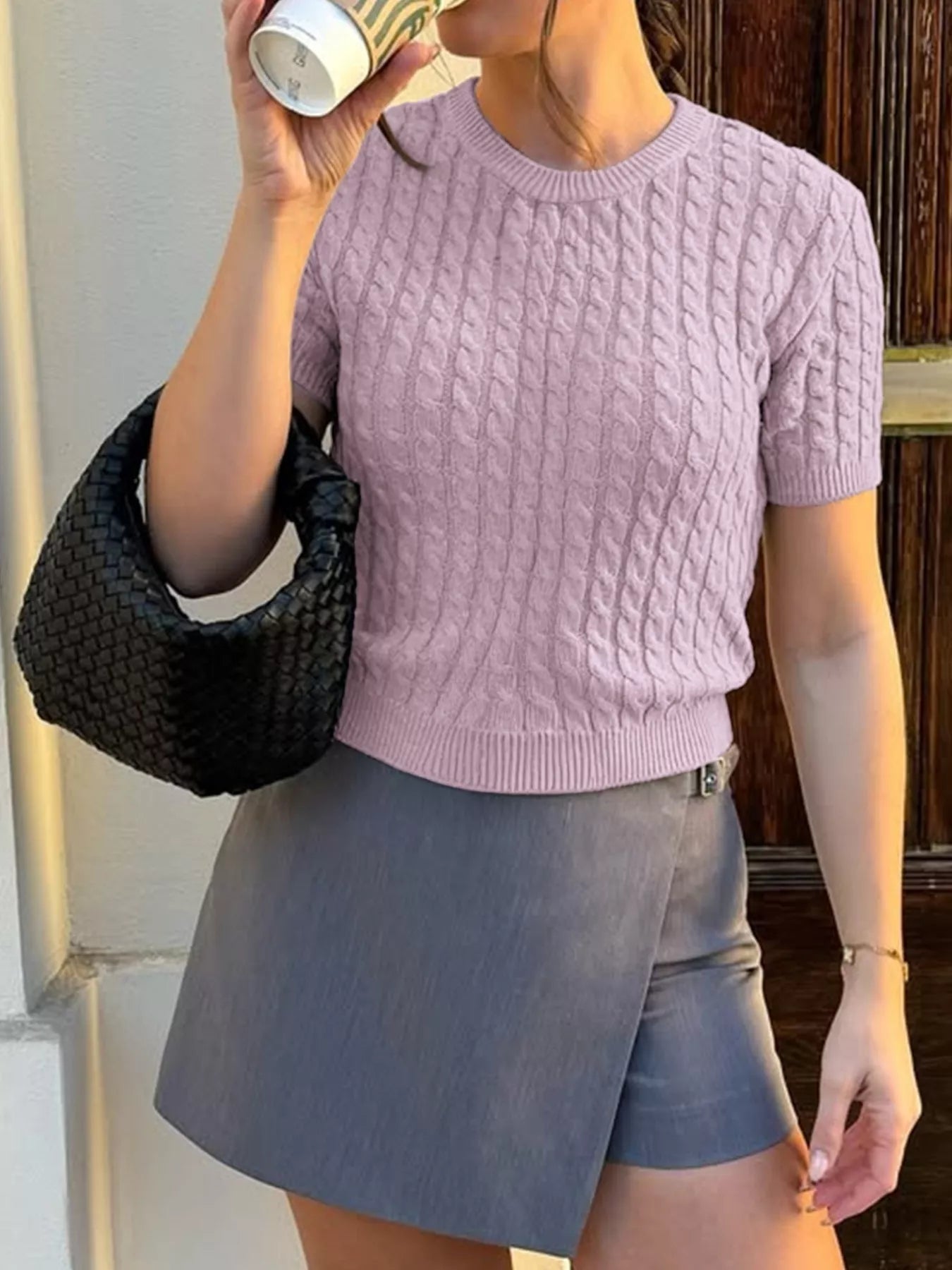 Cable-Knit Short Sleeve Sweater 