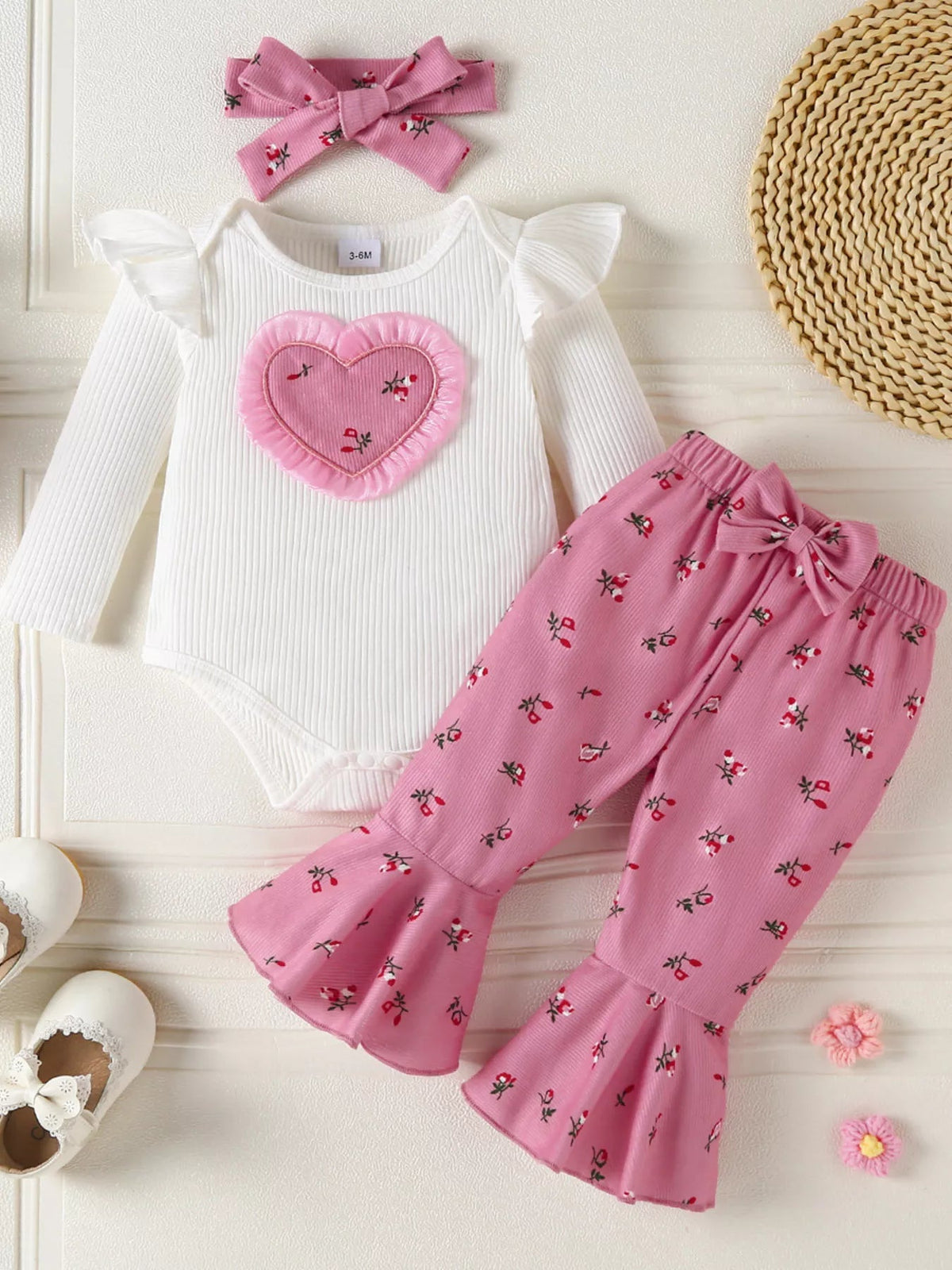 Children's Ruffled Bodysuit and Floral Pants Outfit Set with Headband 
