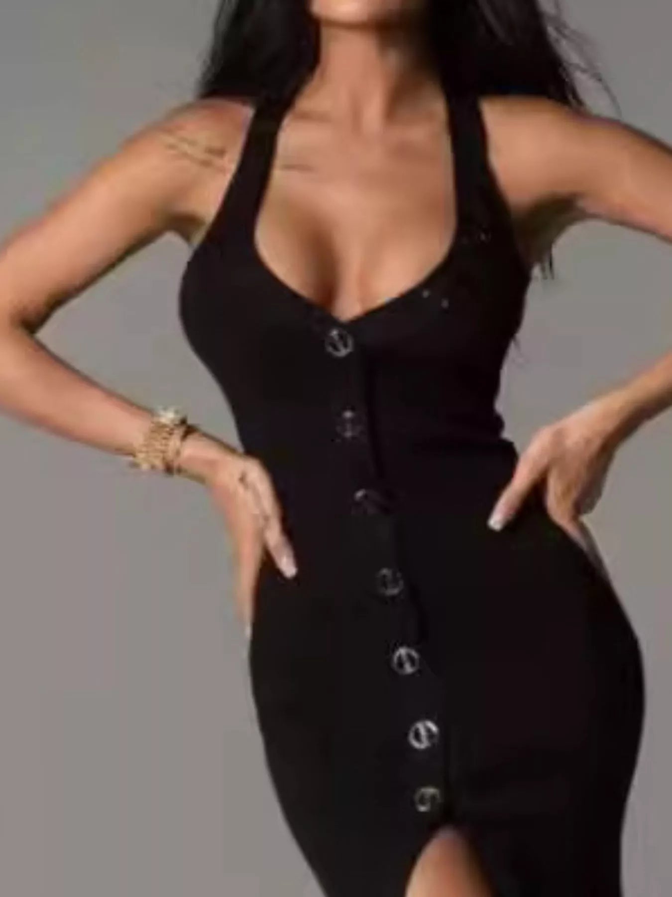 Halter Neck Button-Front Bodycon Dress 