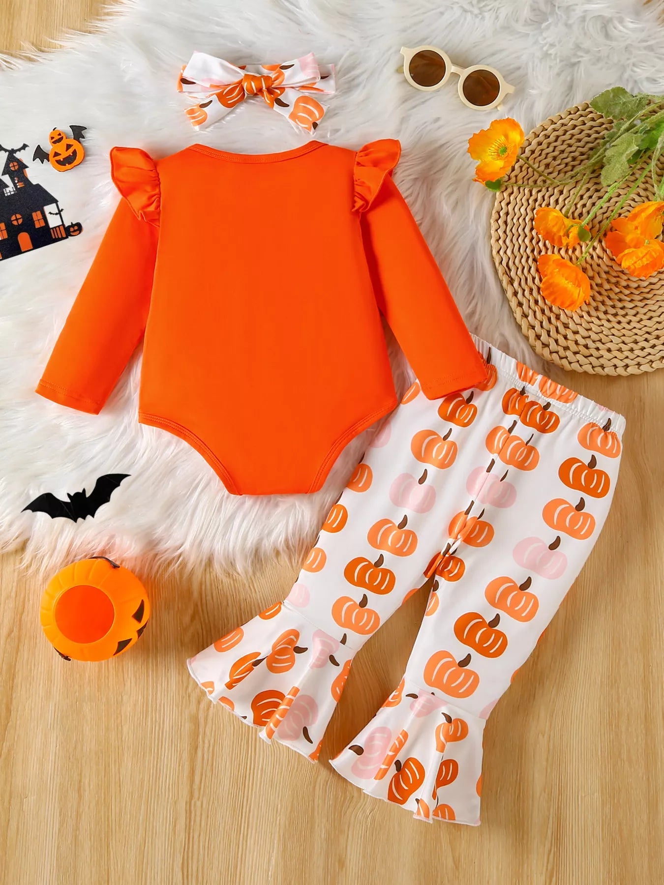 Children's Halloween Graphic Top and Pants 3-Piece Set with Headband 