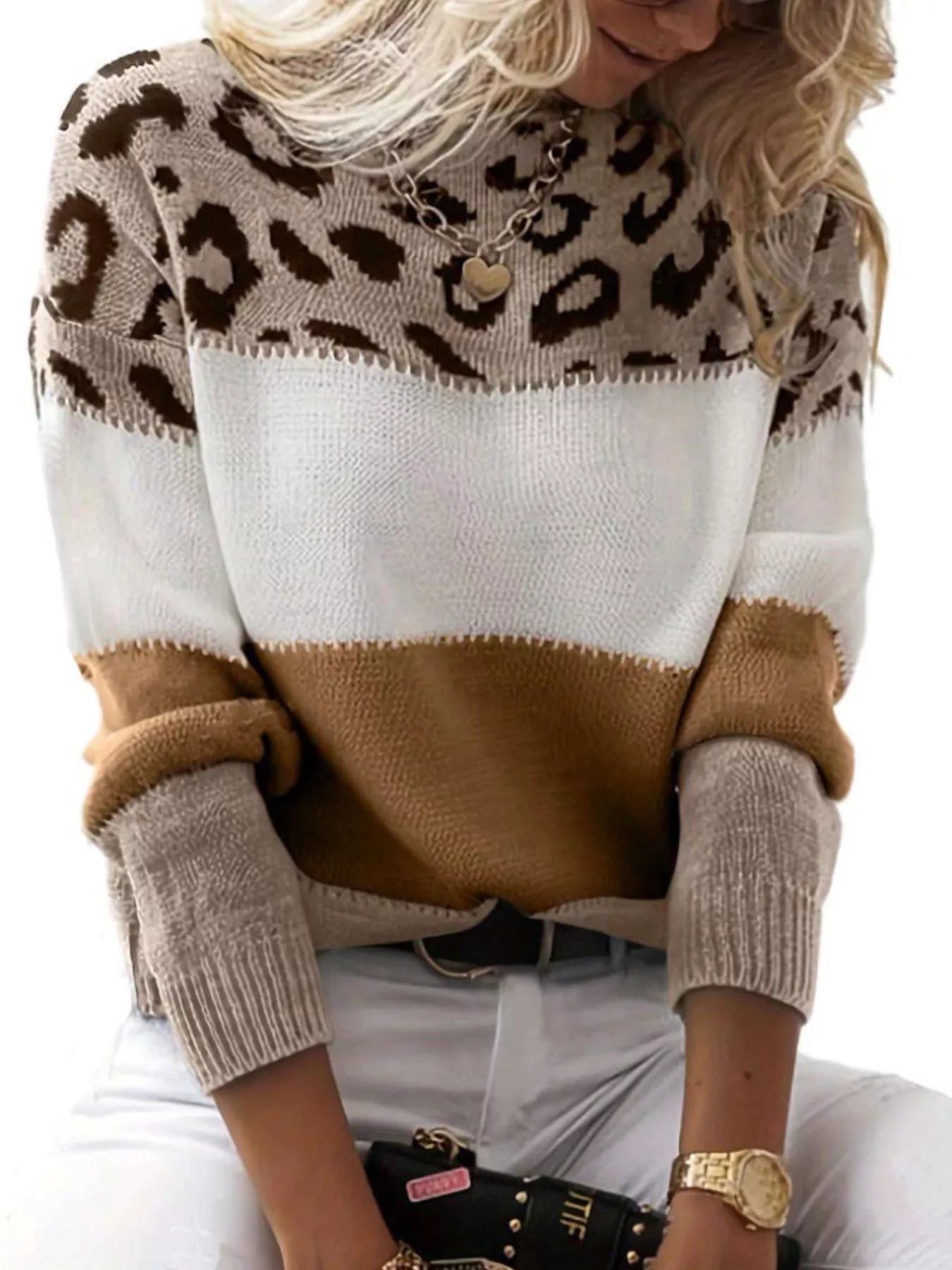 Full Size Leopard Color Block Long Sleeve Sweater Plus Size 