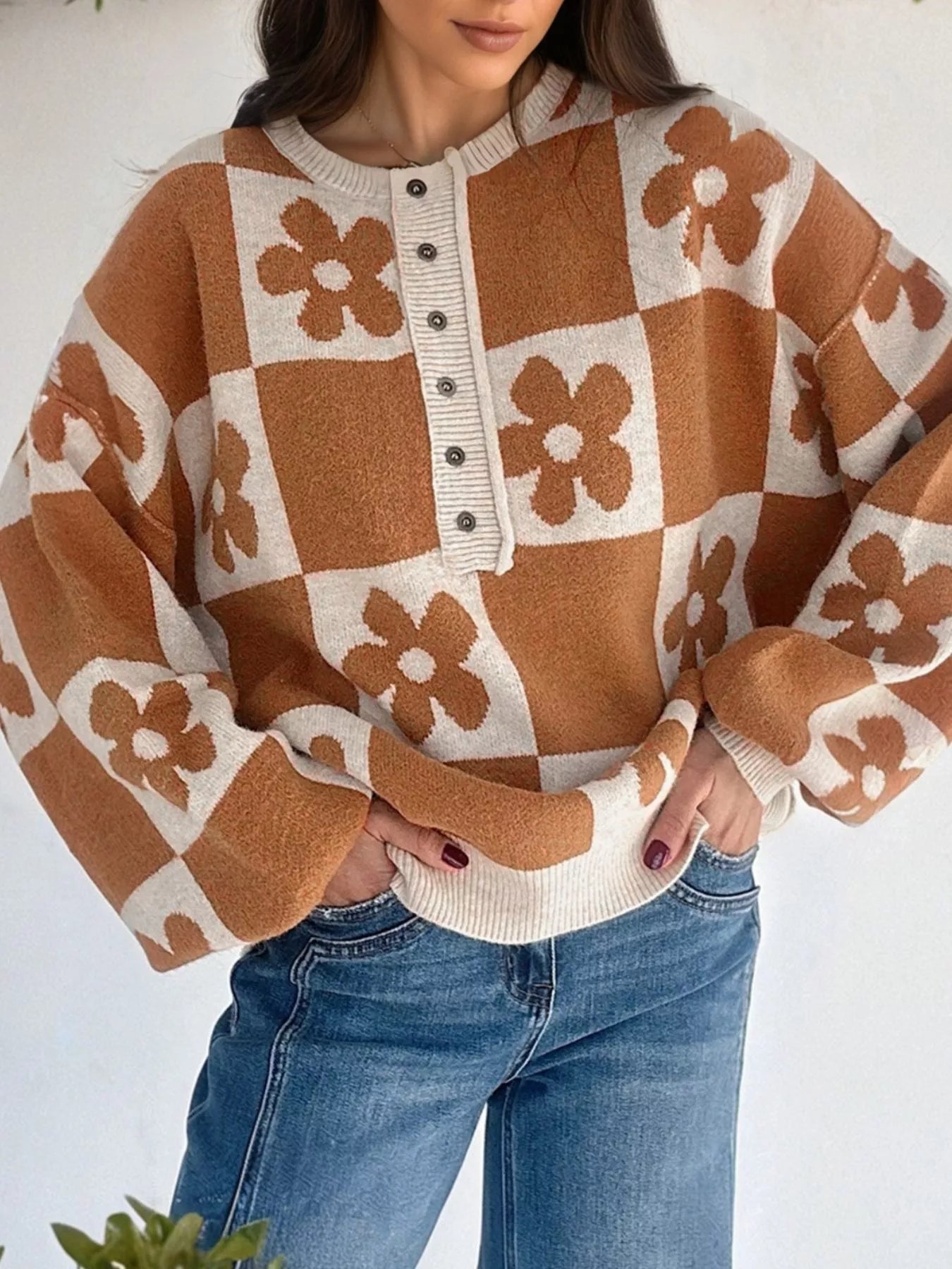 Flower Plaid Henley Baggy Sweater 