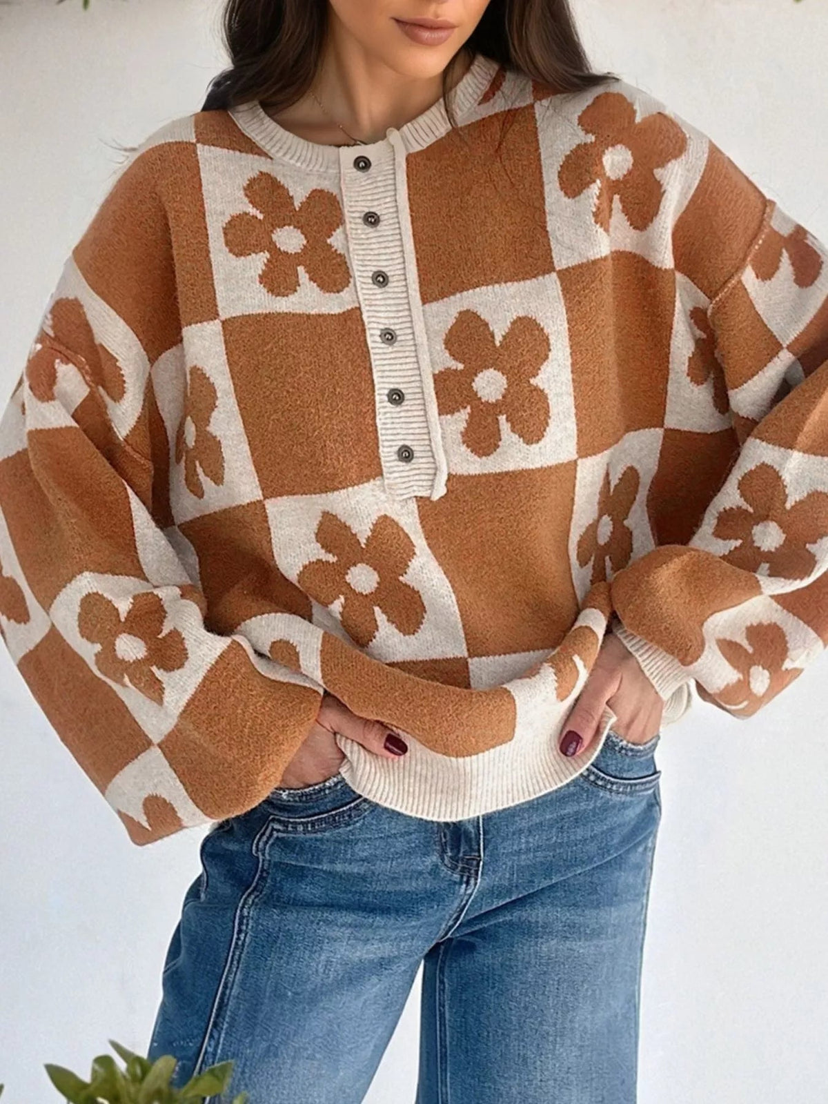 Flower Plaid Henley Baggy Sweater 