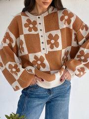 Flower Plaid Henley Baggy Sweater 