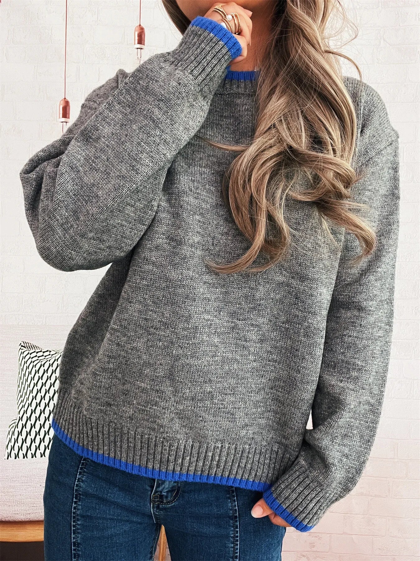 Ribbed Contrast Trim Long Sleeve Sweater 