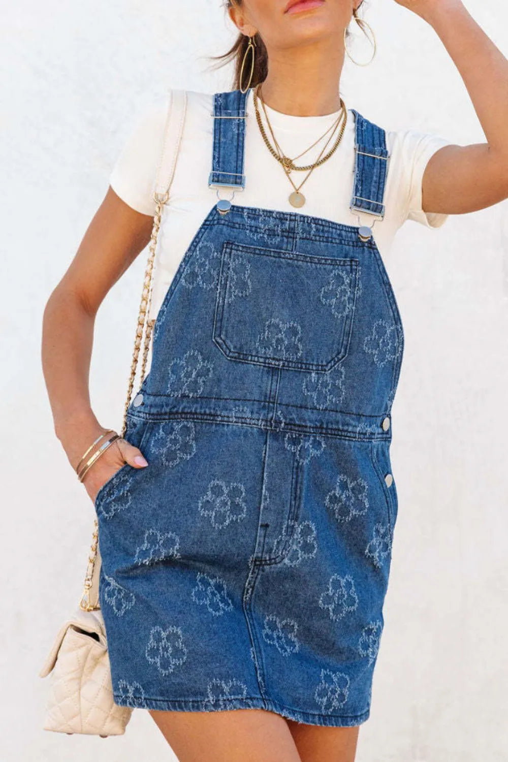 Flower Print Square Neck Denim Overall Dress 